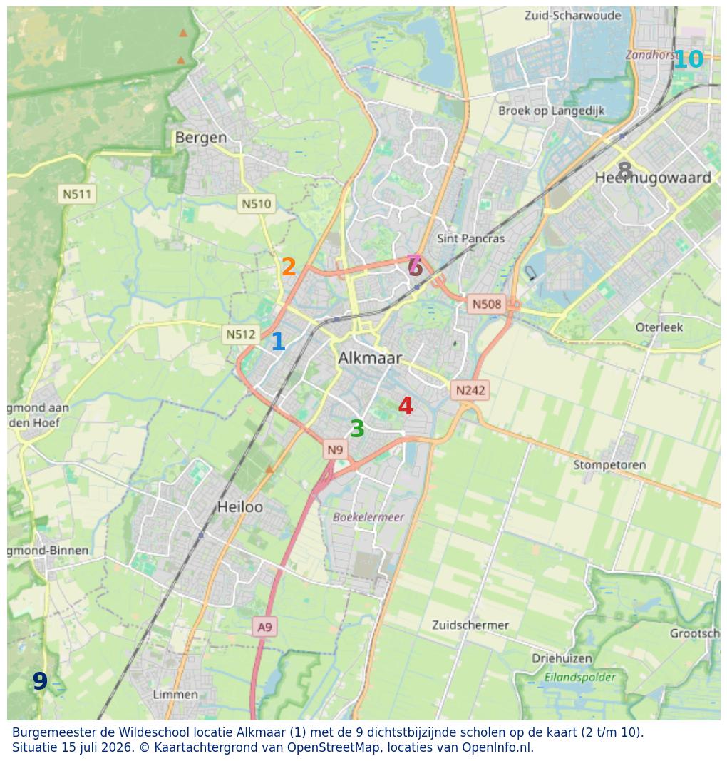 Kaart van de school met de tien dichtsbijzijnde scholen. Hierbij zijn de scholen genummerd van 1 tot en met 10. Nummer 1 is toegekend aan de schoolvestiging zelf: Burgemeester de Wildeschool locatie Alkmaar.