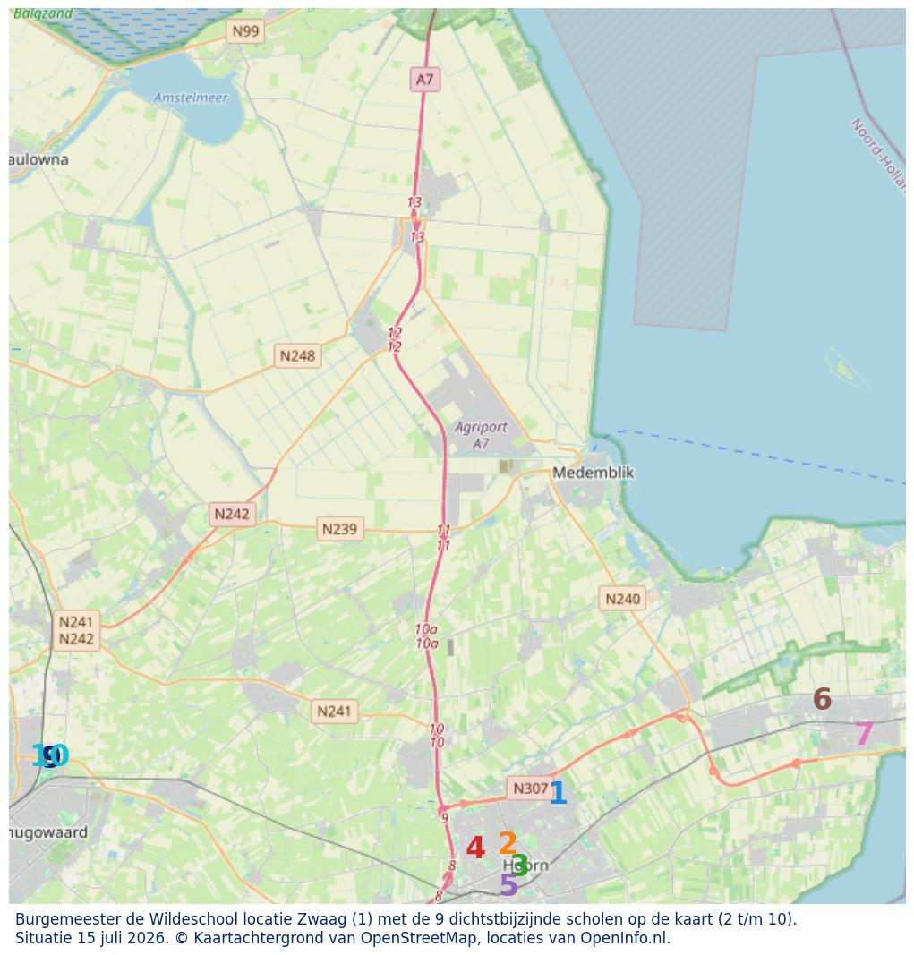 Kaart van de school met de tien dichtsbijzijnde scholen. Hierbij zijn de scholen genummerd van 1 tot en met 10. Nummer 1 is toegekend aan de schoolvestiging zelf: Burgemeester de Wildeschool locatie Zwaag.