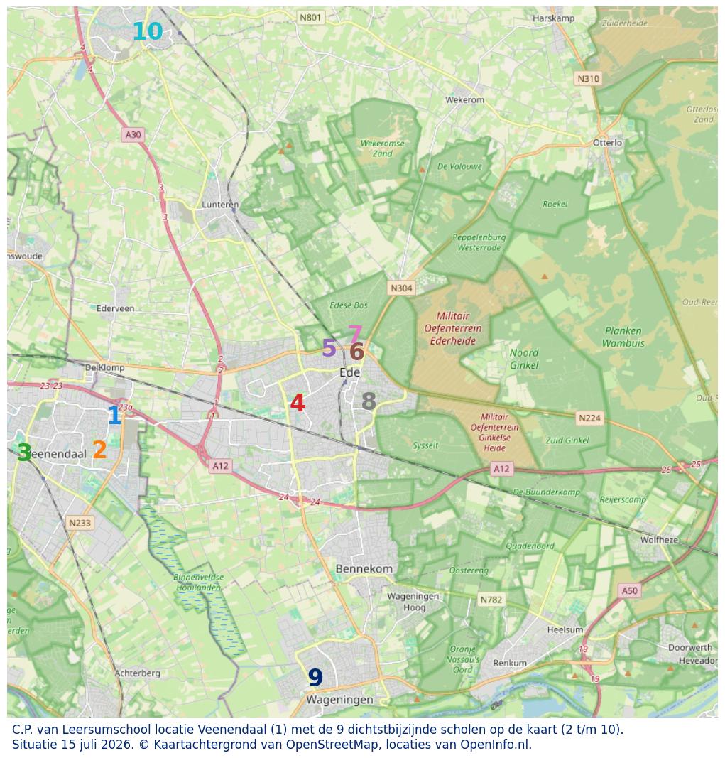 Kaart van de school met de tien dichtsbijzijnde scholen. Hierbij zijn de scholen genummerd van 1 tot en met 10. Nummer 1 is toegekend aan de schoolvestiging zelf: C.P. van Leersumschool locatie Veenendaal.