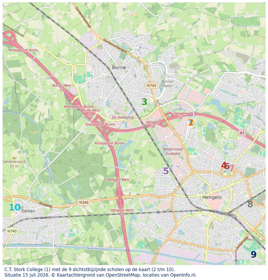 Kaart van de school met de tien dichtsbijzijnde scholen. Hierbij zijn de scholen genummerd van 1 tot en met 10. Nummer 1 is toegekend aan de schoolvestiging zelf: C.T. Stork College.