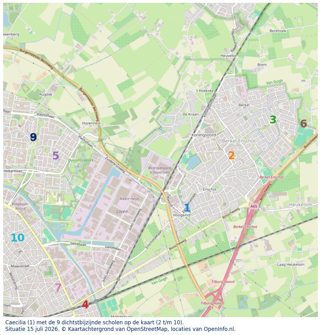Kaart van de school met de tien dichtsbijzijnde scholen. Hierbij zijn de scholen genummerd van 1 tot en met 10. Nummer 1 is toegekend aan de schoolvestiging zelf: Caecilia.
