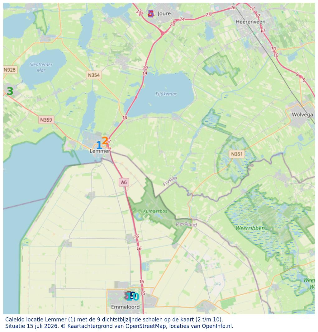Kaart van de school met de tien dichtsbijzijnde scholen. Hierbij zijn de scholen genummerd van 1 tot en met 10. Nummer 1 is toegekend aan de schoolvestiging zelf: Caleido locatie Lemmer.