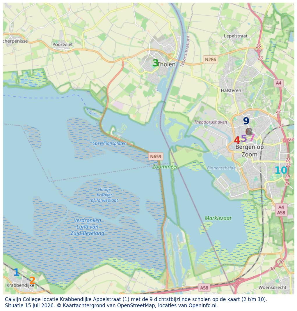 Kaart van de school met de tien dichtsbijzijnde scholen. Hierbij zijn de scholen genummerd van 1 tot en met 10. Nummer 1 is toegekend aan de schoolvestiging zelf: Calvijn College locatie Krabbendijke Appelstraat.
