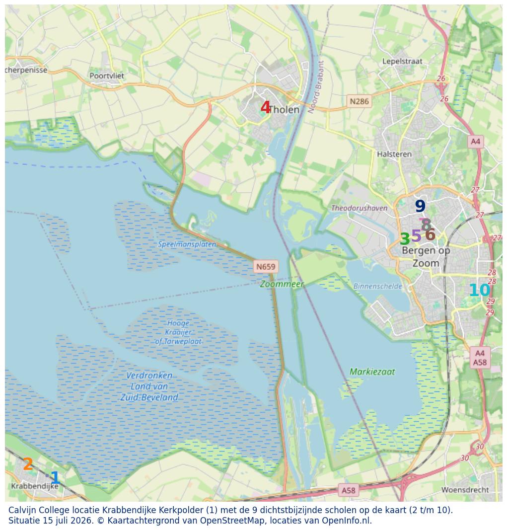 Kaart van de school met de tien dichtsbijzijnde scholen. Hierbij zijn de scholen genummerd van 1 tot en met 10. Nummer 1 is toegekend aan de schoolvestiging zelf: Calvijn College locatie Krabbendijke Kerkpolder.