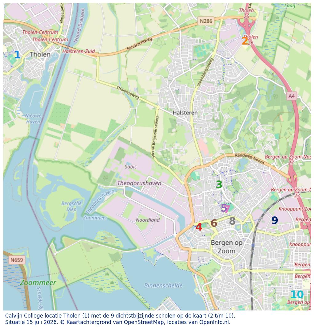 Kaart van de school met de tien dichtsbijzijnde scholen. Hierbij zijn de scholen genummerd van 1 tot en met 10. Nummer 1 is toegekend aan de schoolvestiging zelf: Calvijn College locatie Tholen.