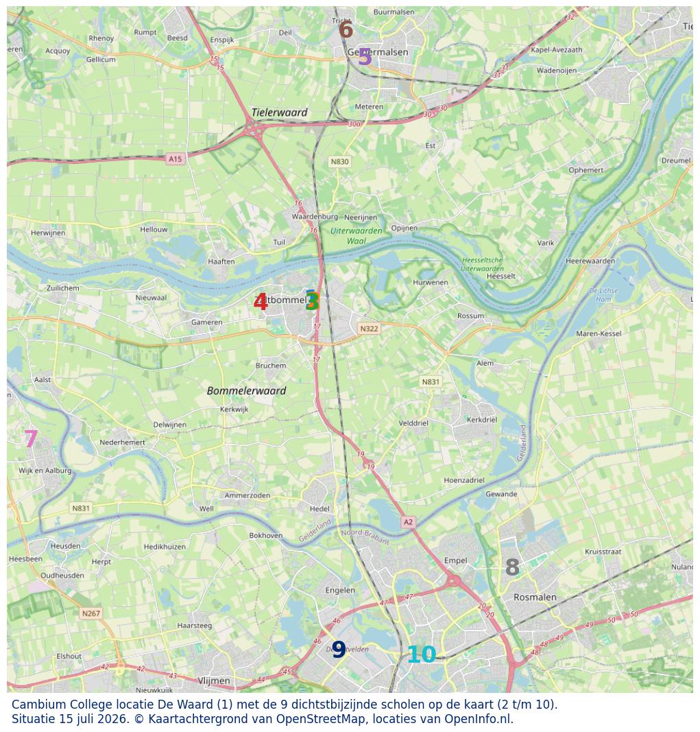 Kaart van de school met de tien dichtsbijzijnde scholen. Hierbij zijn de scholen genummerd van 1 tot en met 10. Nummer 1 is toegekend aan de schoolvestiging zelf: Cambium College locatie De Waard.