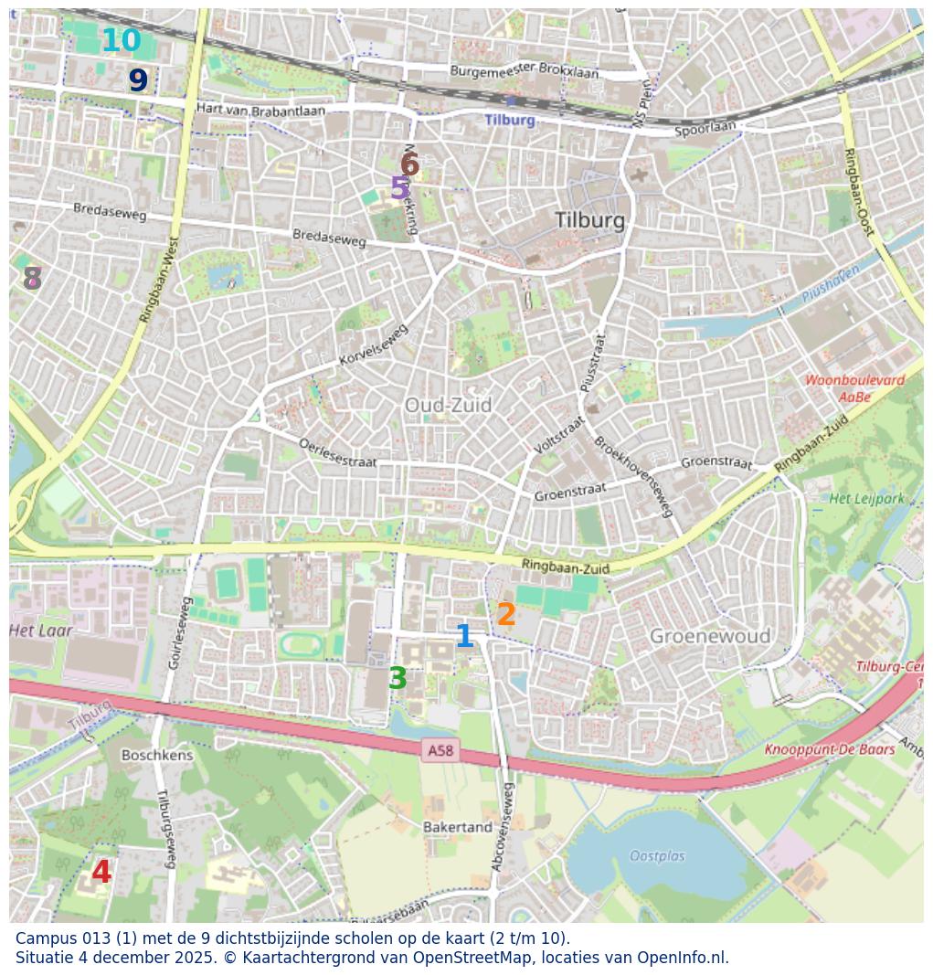 Kaart van de school met de tien dichtsbijzijnde scholen. Hierbij zijn de scholen genummerd van 1 tot en met 10. Nummer 1 is toegekend aan de schoolvestiging zelf: Campus 013.