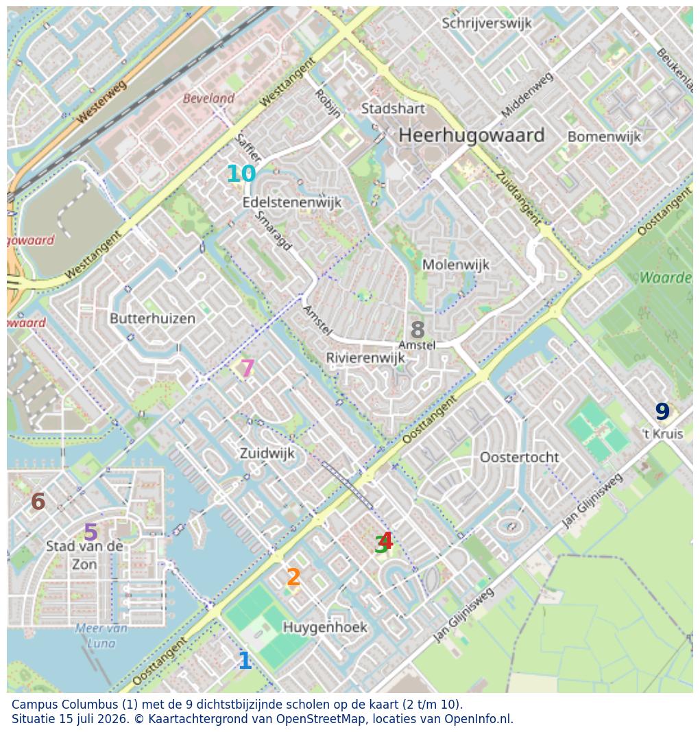 Kaart van de school met de tien dichtsbijzijnde scholen. Hierbij zijn de scholen genummerd van 1 tot en met 10. Nummer 1 is toegekend aan de schoolvestiging zelf: Campus Columbus.