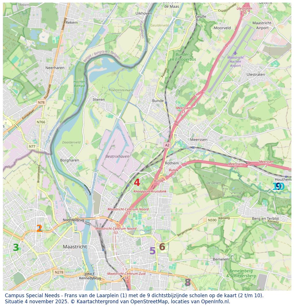 Kaart van de school met de tien dichtsbijzijnde scholen. Hierbij zijn de scholen genummerd van 1 tot en met 10. Nummer 1 is toegekend aan de schoolvestiging zelf: Campus Special Needs - Frans van de Laarplein.