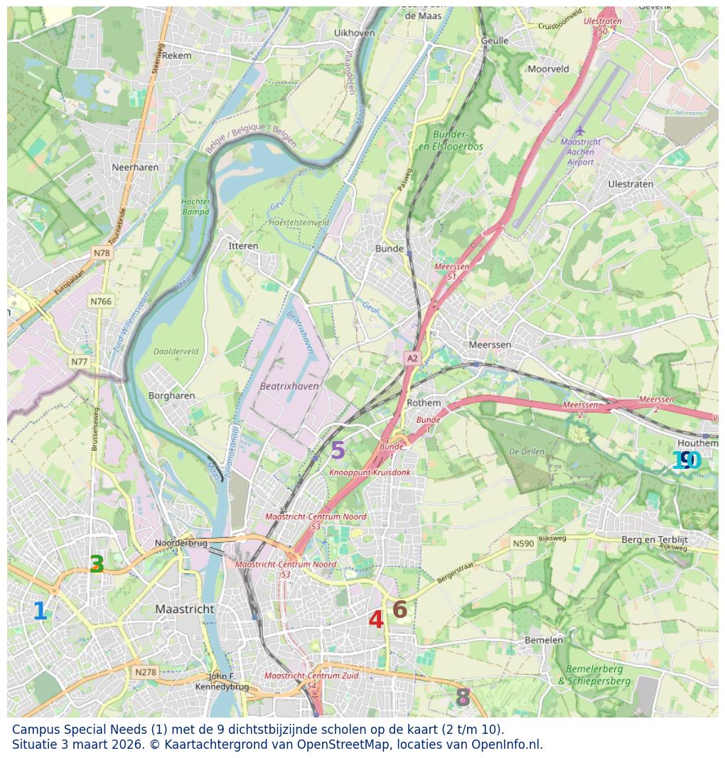 Kaart van de school met de tien dichtsbijzijnde scholen. Hierbij zijn de scholen genummerd van 1 tot en met 10. Nummer 1 is toegekend aan de schoolvestiging zelf: Campus Special Needs.