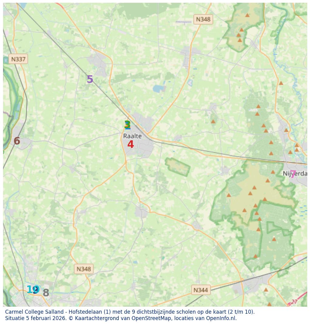 Kaart van de school met de tien dichtsbijzijnde scholen. Hierbij zijn de scholen genummerd van 1 tot en met 10. Nummer 1 is toegekend aan de schoolvestiging zelf: Carmel College Salland - Hofstedelaan.