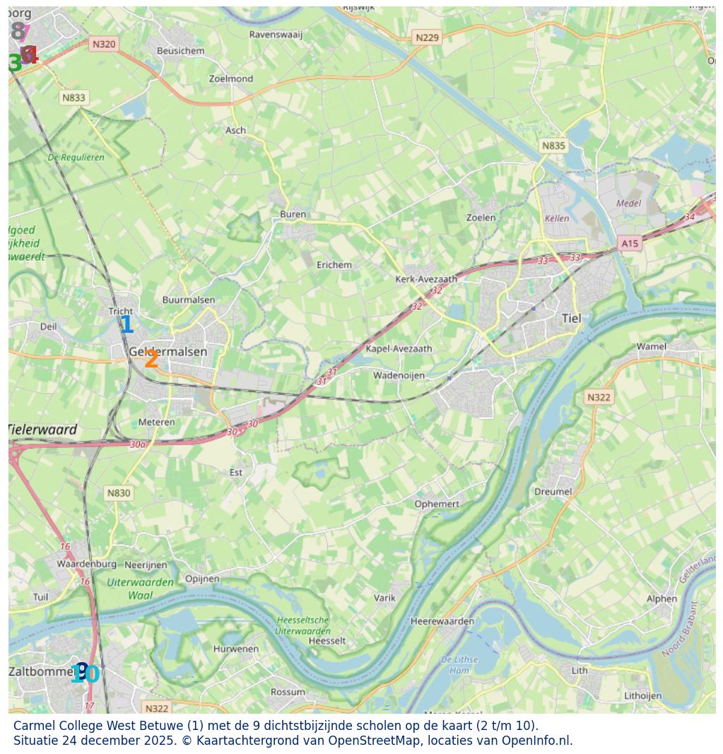 Kaart van de school met de tien dichtsbijzijnde scholen. Hierbij zijn de scholen genummerd van 1 tot en met 10. Nummer 1 is toegekend aan de schoolvestiging zelf: Carmel College West Betuwe.