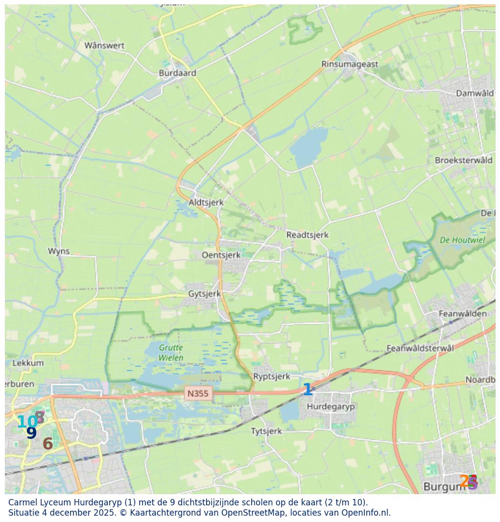 Kaart van de school met de tien dichtsbijzijnde scholen. Hierbij zijn de scholen genummerd van 1 tot en met 10. Nummer 1 is toegekend aan de schoolvestiging zelf: Carmel Lyceum Hurdegaryp.