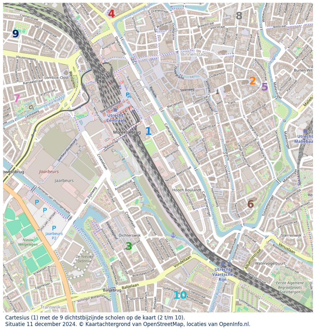 Kaart van de school met de tien dichtsbijzijnde scholen. Hierbij zijn de scholen genummerd van 1 tot en met 10. Nummer 1 is toegekend aan de schoolvestiging zelf: Cartesius.