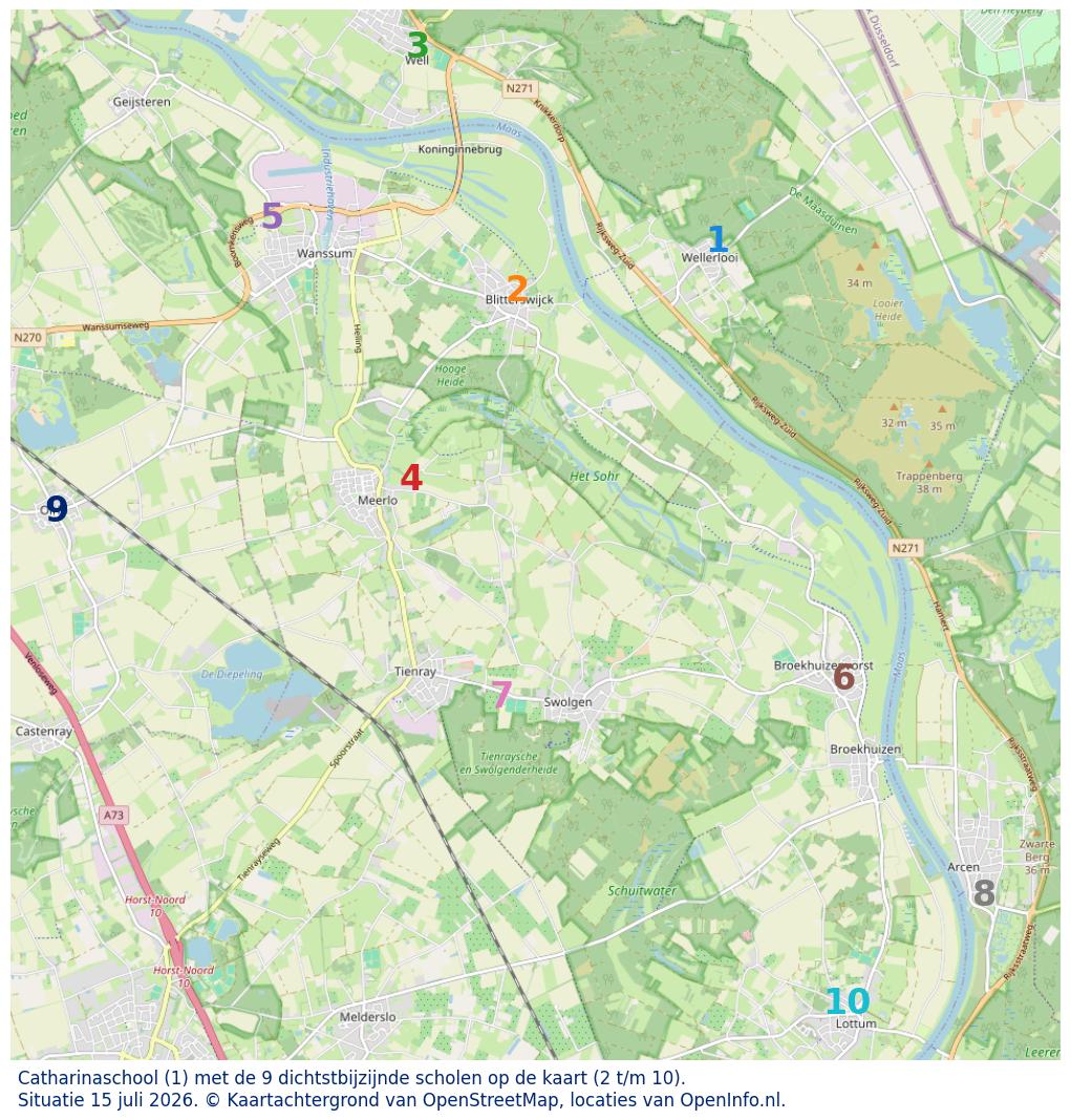 Kaart van de school met de tien dichtsbijzijnde scholen. Hierbij zijn de scholen genummerd van 1 tot en met 10. Nummer 1 is toegekend aan de schoolvestiging zelf: Catharinaschool.