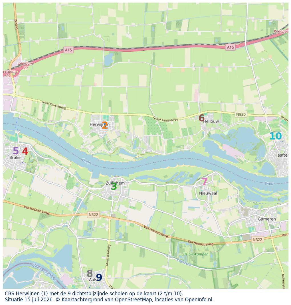 Kaart van de school met de tien dichtsbijzijnde scholen. Hierbij zijn de scholen genummerd van 1 tot en met 10. Nummer 1 is toegekend aan de schoolvestiging zelf: CBS Herwijnen.