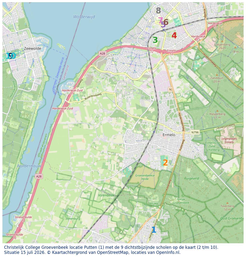 Kaart van de school met de tien dichtsbijzijnde scholen. Hierbij zijn de scholen genummerd van 1 tot en met 10. Nummer 1 is toegekend aan de schoolvestiging zelf: Christelijk College Groevenbeek locatie Putten.
