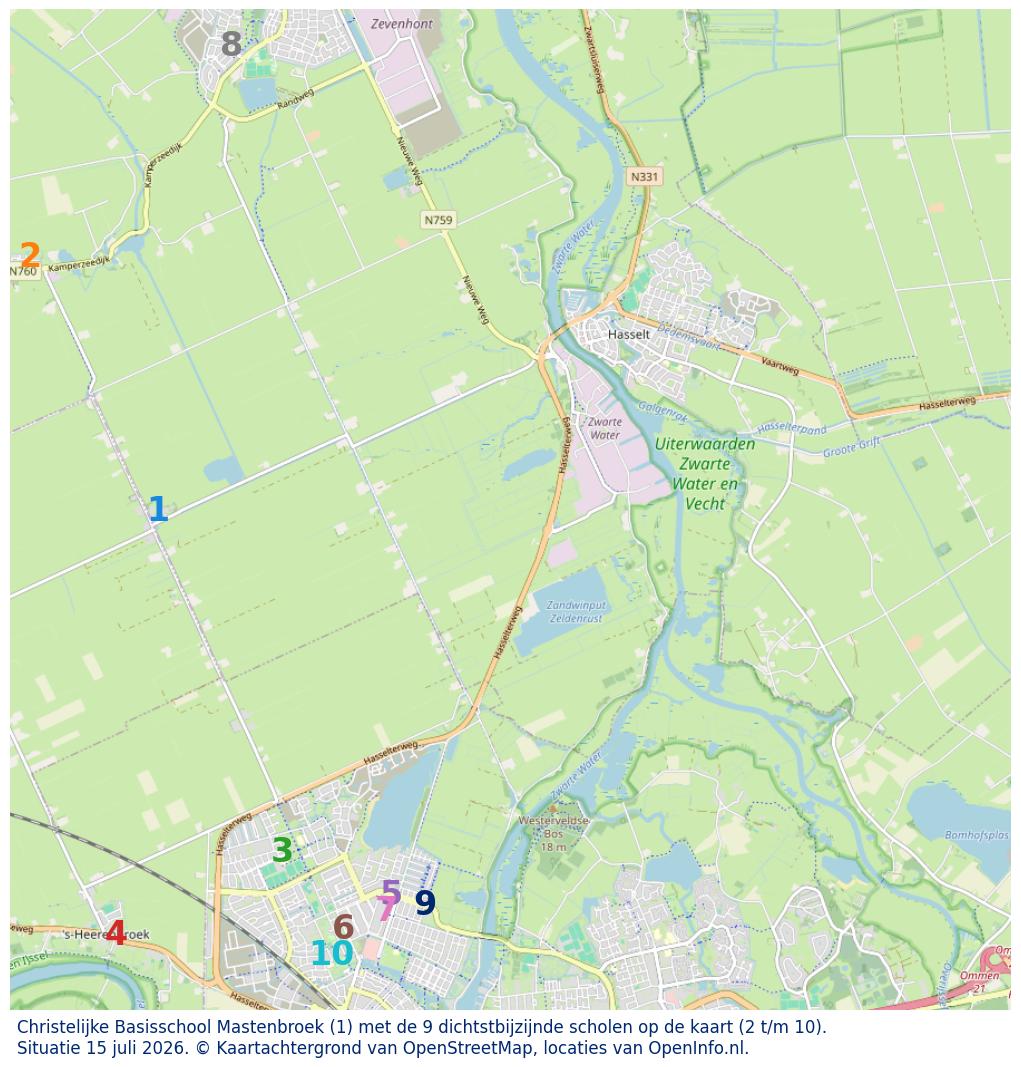 Kaart van de school met de tien dichtsbijzijnde scholen. Hierbij zijn de scholen genummerd van 1 tot en met 10. Nummer 1 is toegekend aan de schoolvestiging zelf: Christelijke Basisschool Mastenbroek.