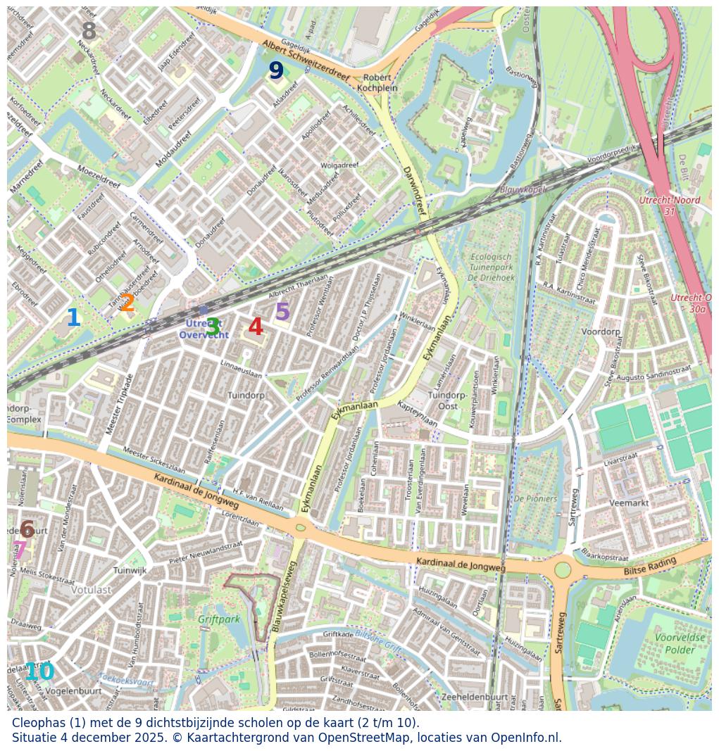Kaart van de school met de tien dichtsbijzijnde scholen. Hierbij zijn de scholen genummerd van 1 tot en met 10. Nummer 1 is toegekend aan de schoolvestiging zelf: Cleophas.