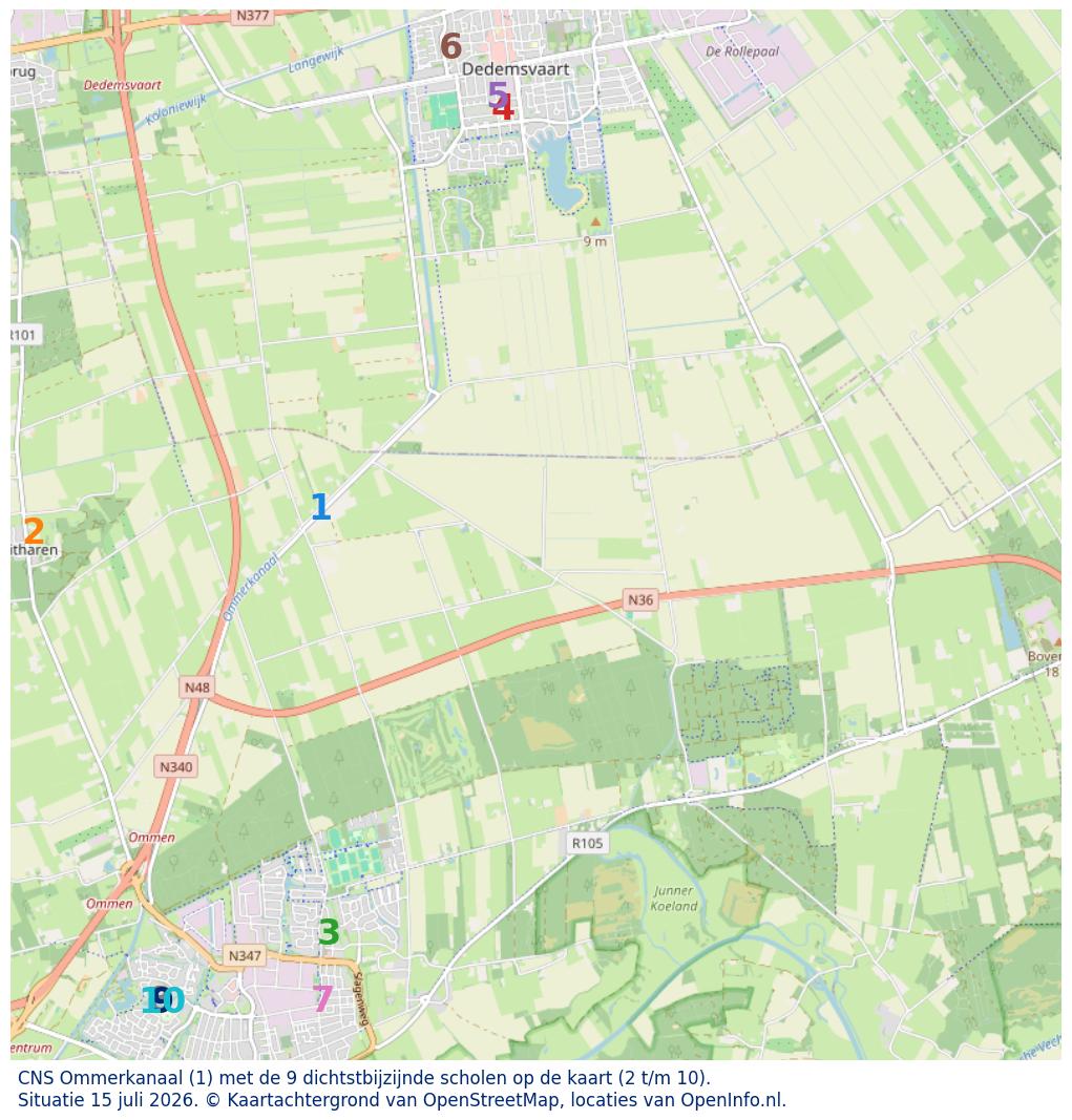 Kaart van de school met de tien dichtsbijzijnde scholen. Hierbij zijn de scholen genummerd van 1 tot en met 10. Nummer 1 is toegekend aan de schoolvestiging zelf: CNS Ommerkanaal.