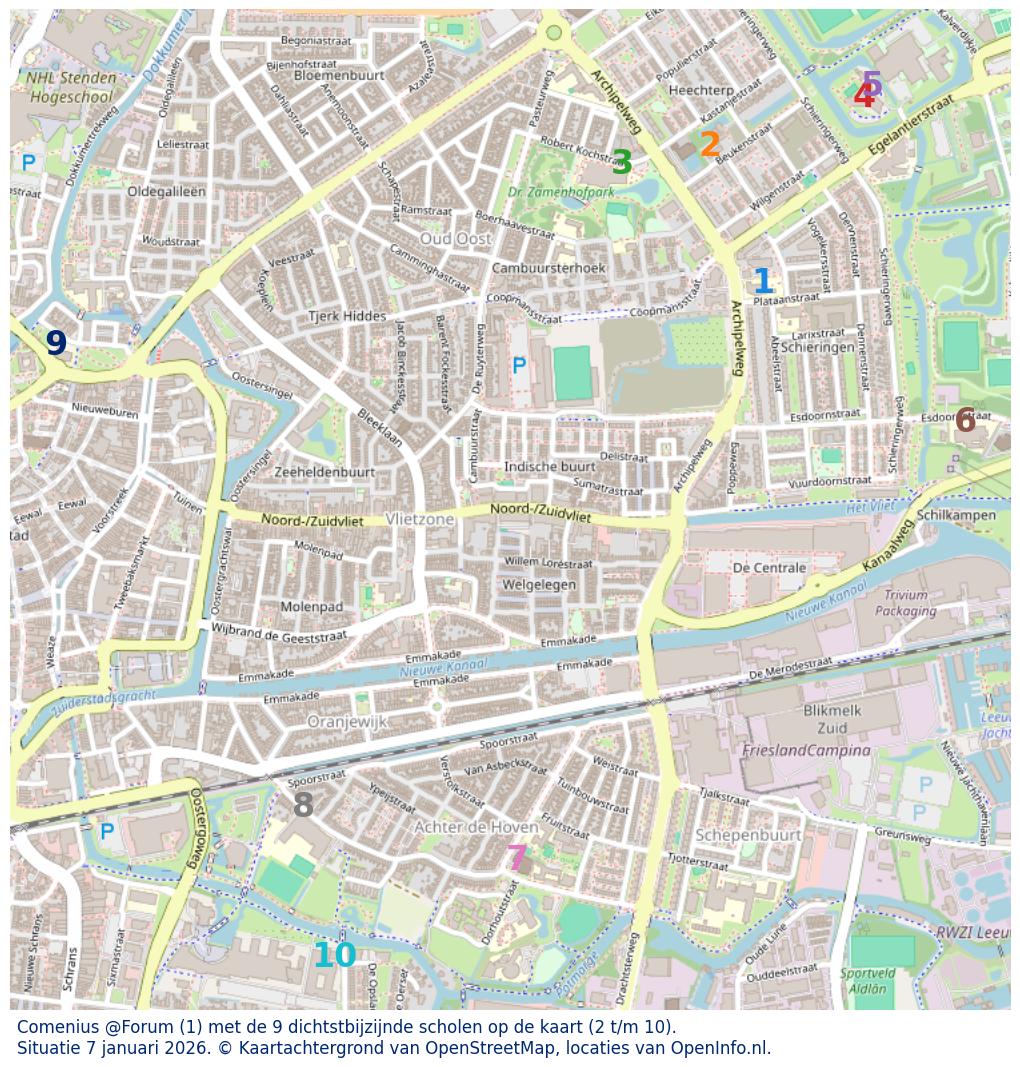Kaart van de school met de tien dichtsbijzijnde scholen. Hierbij zijn de scholen genummerd van 1 tot en met 10. Nummer 1 is toegekend aan de schoolvestiging zelf: Comenius @Forum.