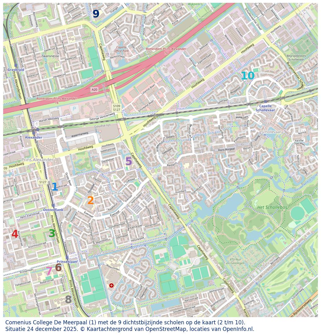 Kaart van de school met de tien dichtsbijzijnde scholen. Hierbij zijn de scholen genummerd van 1 tot en met 10. Nummer 1 is toegekend aan de schoolvestiging zelf: Comenius College De Meerpaal.