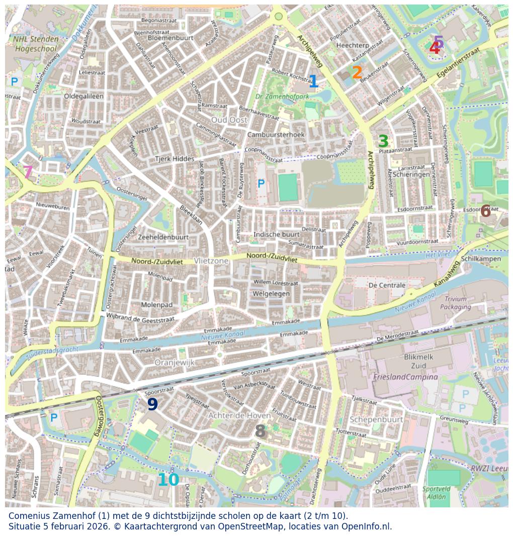 Kaart van de school met de tien dichtsbijzijnde scholen. Hierbij zijn de scholen genummerd van 1 tot en met 10. Nummer 1 is toegekend aan de schoolvestiging zelf: Comenius Zamenhof.