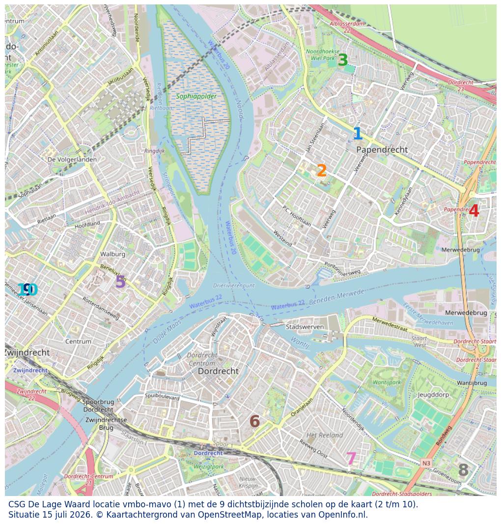 Kaart van de school met de tien dichtsbijzijnde scholen. Hierbij zijn de scholen genummerd van 1 tot en met 10. Nummer 1 is toegekend aan de schoolvestiging zelf: CSG De Lage Waard locatie vmbo-mavo.