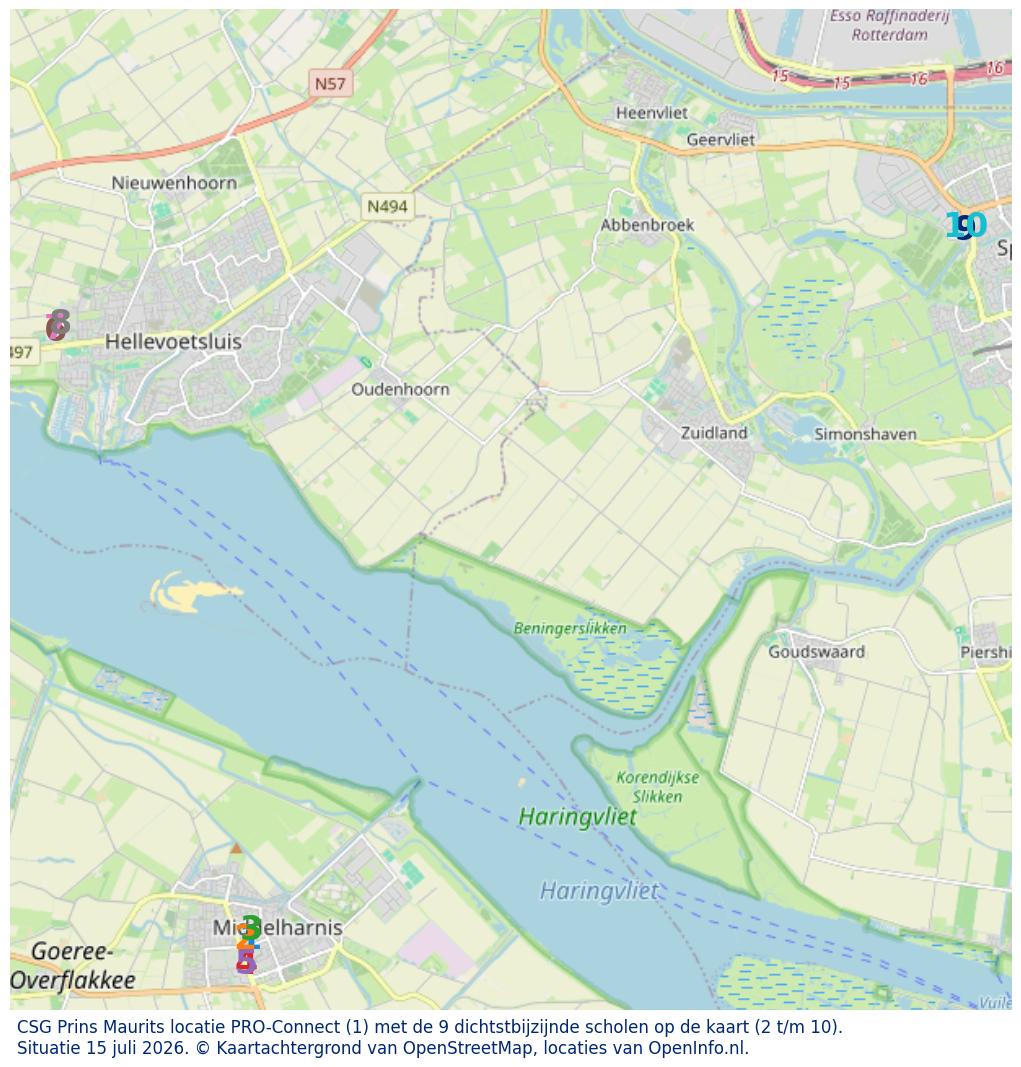 Kaart van de school met de tien dichtsbijzijnde scholen. Hierbij zijn de scholen genummerd van 1 tot en met 10. Nummer 1 is toegekend aan de schoolvestiging zelf: CSG Prins Maurits locatie PRO-Connect.