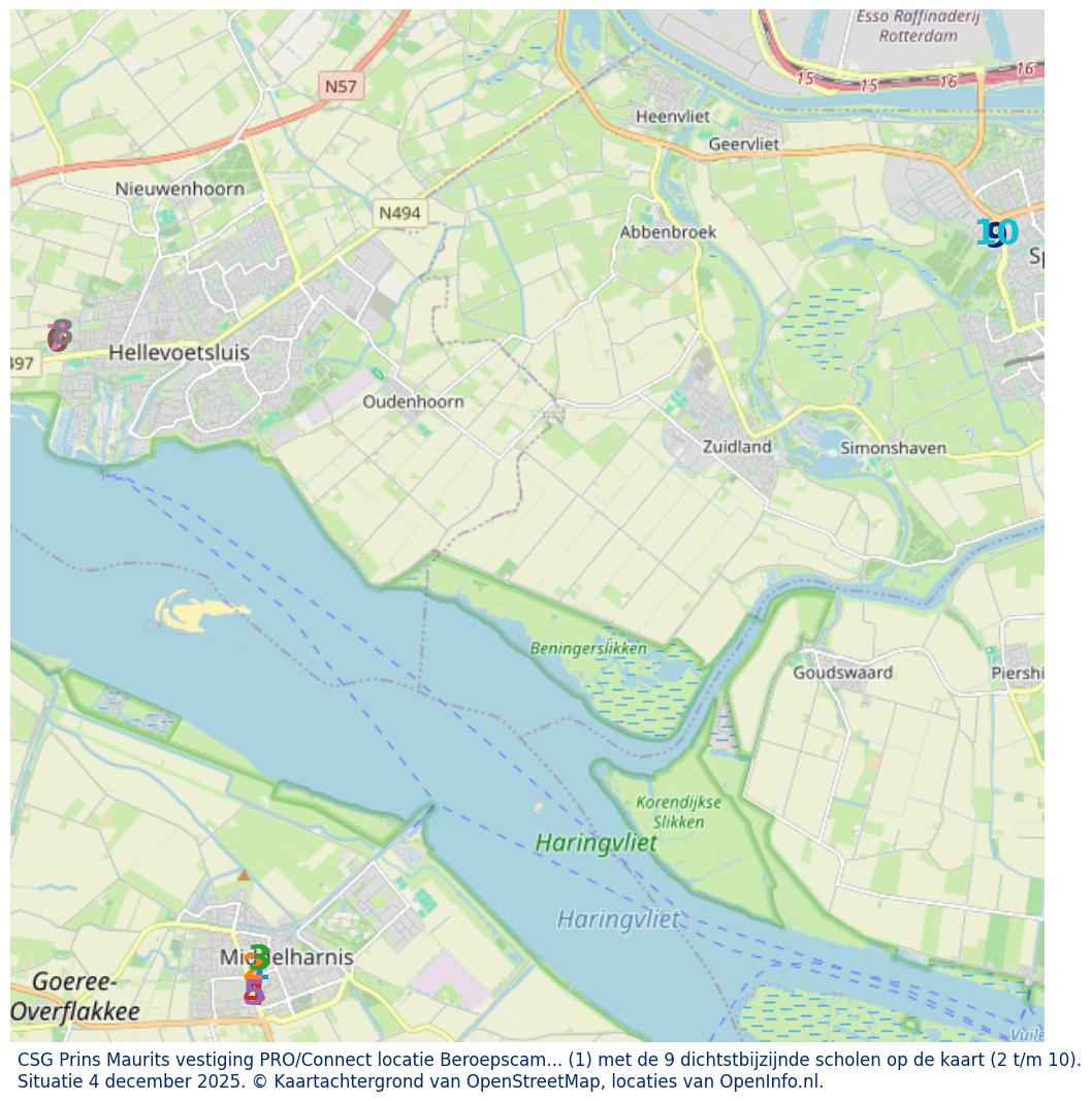 Kaart van de school met de tien dichtsbijzijnde scholen. Hierbij zijn de scholen genummerd van 1 tot en met 10. Nummer 1 is toegekend aan de schoolvestiging zelf: CSG Prins Maurits vestiging PRO/Connect locatie Beroepscampus Noord.