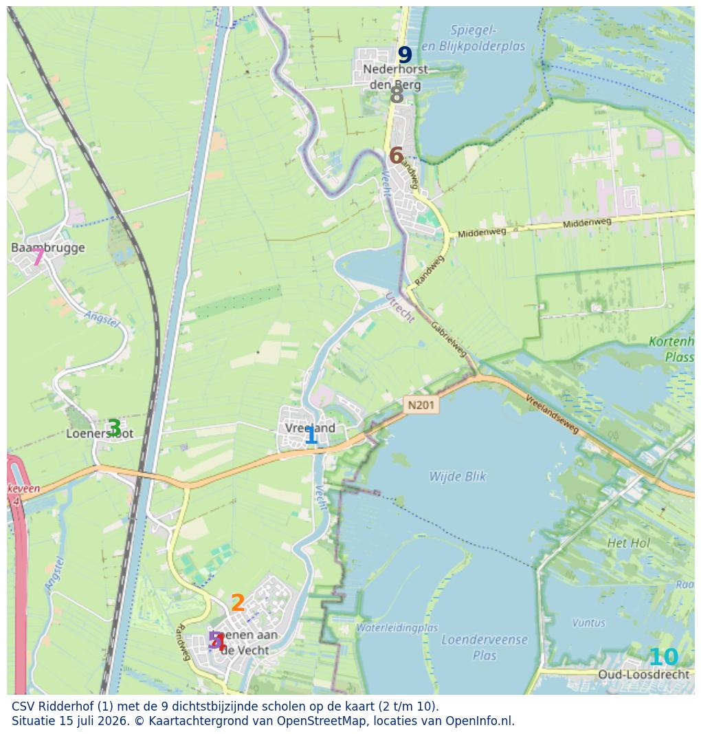 Kaart van de school met de tien dichtsbijzijnde scholen. Hierbij zijn de scholen genummerd van 1 tot en met 10. Nummer 1 is toegekend aan de schoolvestiging zelf: CSV Ridderhof.