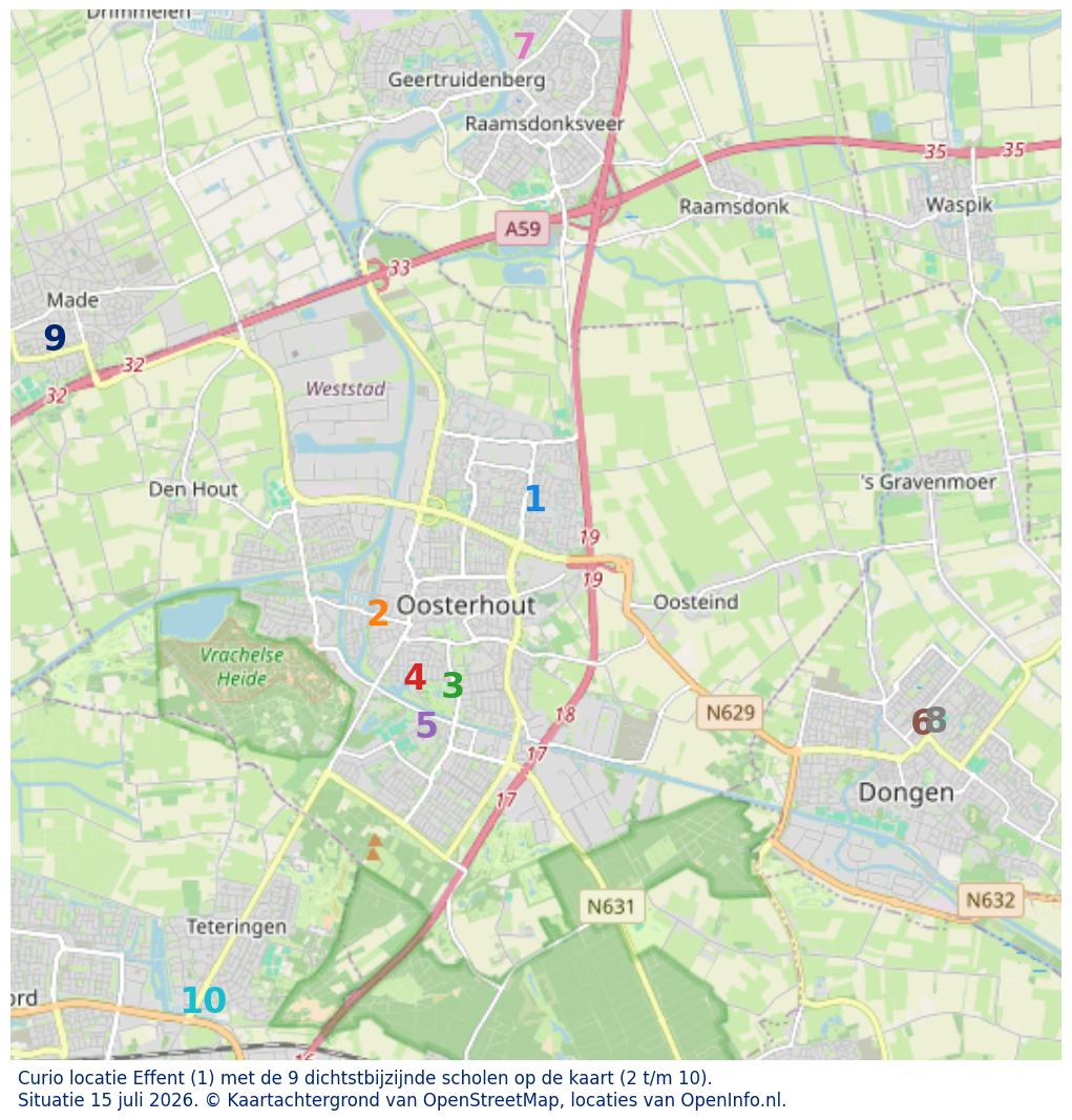 Kaart van de school met de tien dichtsbijzijnde scholen. Hierbij zijn de scholen genummerd van 1 tot en met 10. Nummer 1 is toegekend aan de schoolvestiging zelf: Curio locatie Effent.