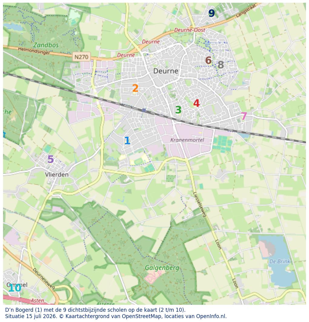 Kaart van de school met de tien dichtsbijzijnde scholen. Hierbij zijn de scholen genummerd van 1 tot en met 10. Nummer 1 is toegekend aan de schoolvestiging zelf: D’n Bogerd.