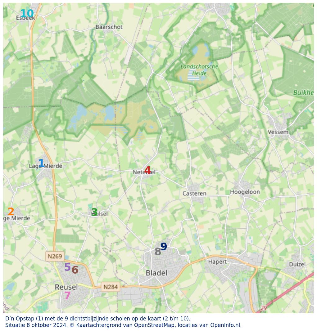 Kaart van de school met de tien dichtsbijzijnde scholen. Hierbij zijn de scholen genummerd van 1 tot en met 10. Nummer 1 is toegekend aan de schoolvestiging zelf: D’n Opstap.