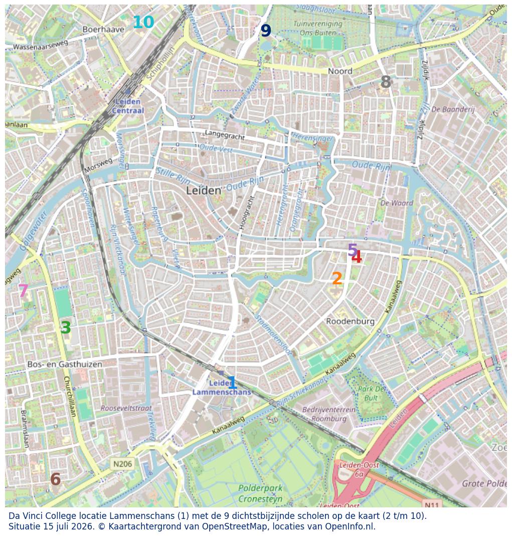Kaart van de school met de tien dichtsbijzijnde scholen. Hierbij zijn de scholen genummerd van 1 tot en met 10. Nummer 1 is toegekend aan de schoolvestiging zelf: Da Vinci College locatie Lammenschans.