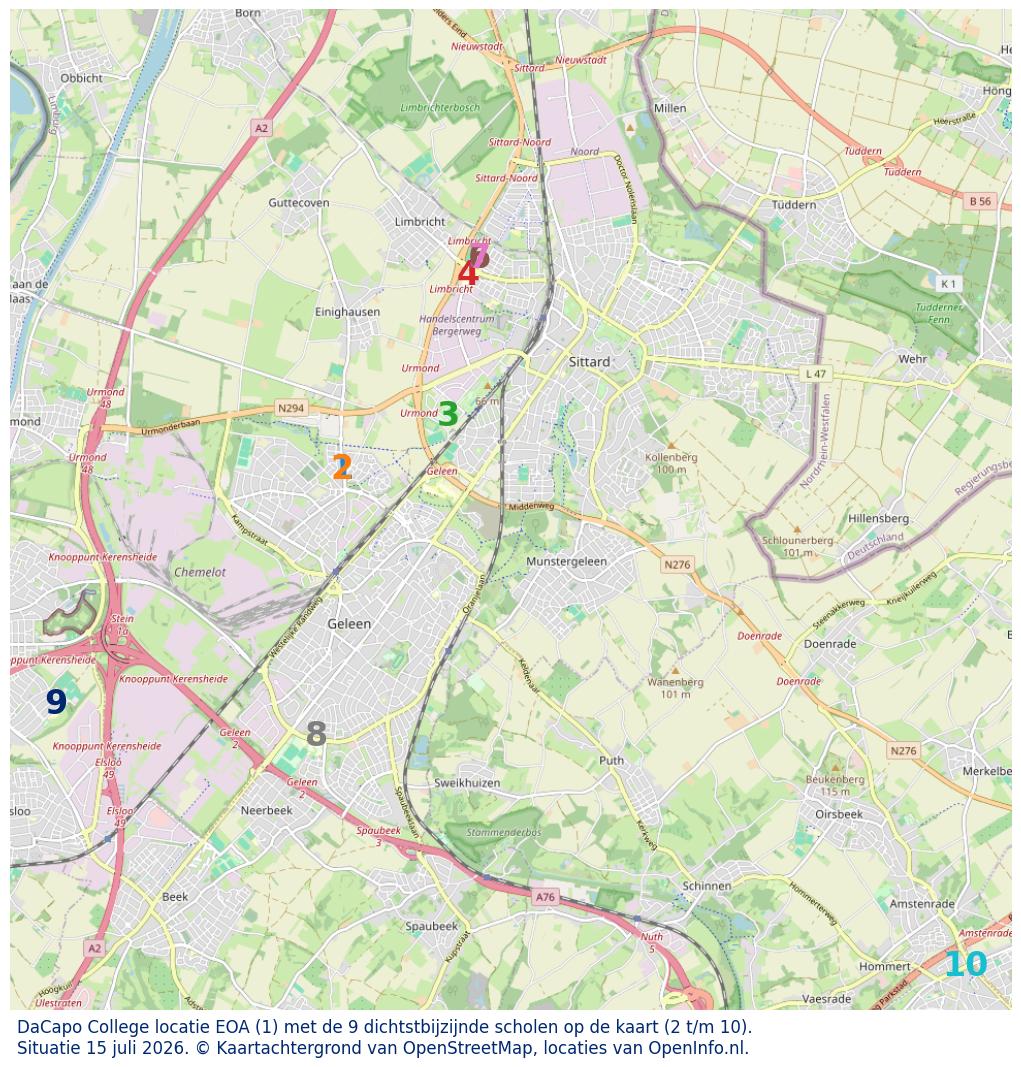 Kaart van de school met de tien dichtsbijzijnde scholen. Hierbij zijn de scholen genummerd van 1 tot en met 10. Nummer 1 is toegekend aan de schoolvestiging zelf: DaCapo College locatie EOA.