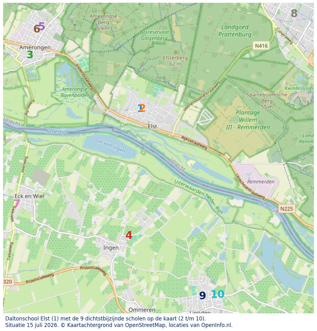 Kaart van de school met de tien dichtsbijzijnde scholen. Hierbij zijn de scholen genummerd van 1 tot en met 10. Nummer 1 is toegekend aan de schoolvestiging zelf: Daltonschool Elst.