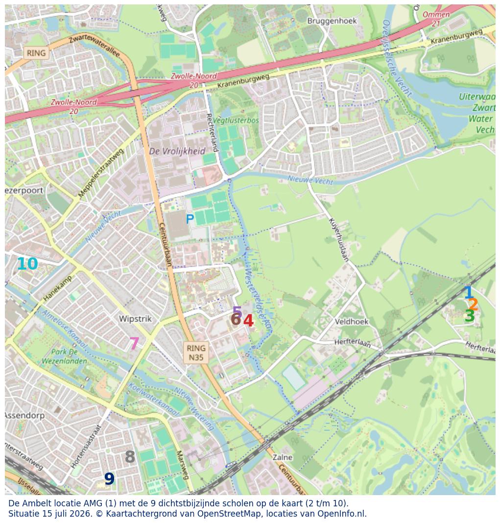Kaart van de school met de tien dichtsbijzijnde scholen. Hierbij zijn de scholen genummerd van 1 tot en met 10. Nummer 1 is toegekend aan de schoolvestiging zelf: De Ambelt locatie AMG.