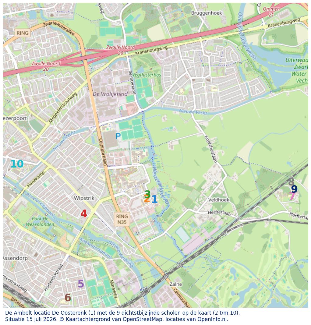 Kaart van de school met de tien dichtsbijzijnde scholen. Hierbij zijn de scholen genummerd van 1 tot en met 10. Nummer 1 is toegekend aan de schoolvestiging zelf: De Ambelt locatie De Oosterenk.