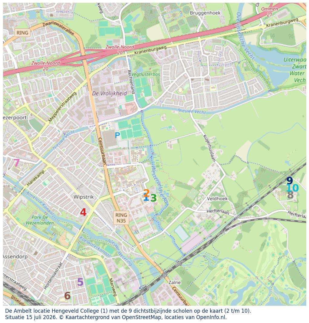 Kaart van de school met de tien dichtsbijzijnde scholen. Hierbij zijn de scholen genummerd van 1 tot en met 10. Nummer 1 is toegekend aan de schoolvestiging zelf: De Ambelt locatie Hengeveld College.