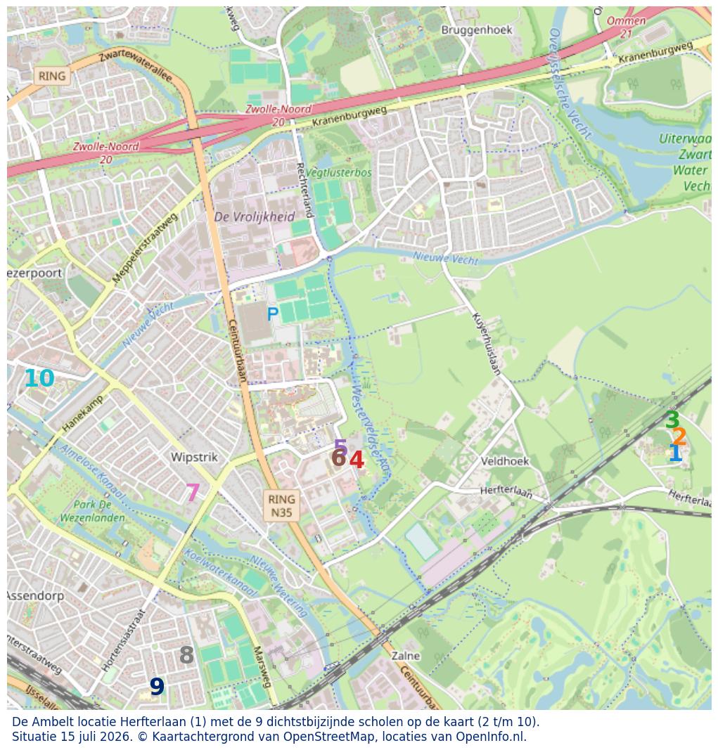 Kaart van de school met de tien dichtsbijzijnde scholen. Hierbij zijn de scholen genummerd van 1 tot en met 10. Nummer 1 is toegekend aan de schoolvestiging zelf: De Ambelt locatie Herfterlaan.