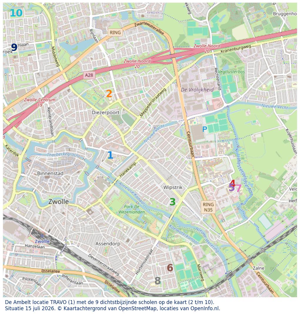 Kaart van de school met de tien dichtsbijzijnde scholen. Hierbij zijn de scholen genummerd van 1 tot en met 10. Nummer 1 is toegekend aan de schoolvestiging zelf: De Ambelt locatie TRAVO.
