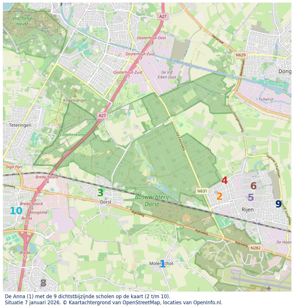 Kaart van de school met de tien dichtsbijzijnde scholen. Hierbij zijn de scholen genummerd van 1 tot en met 10. Nummer 1 is toegekend aan de schoolvestiging zelf: De Anna.