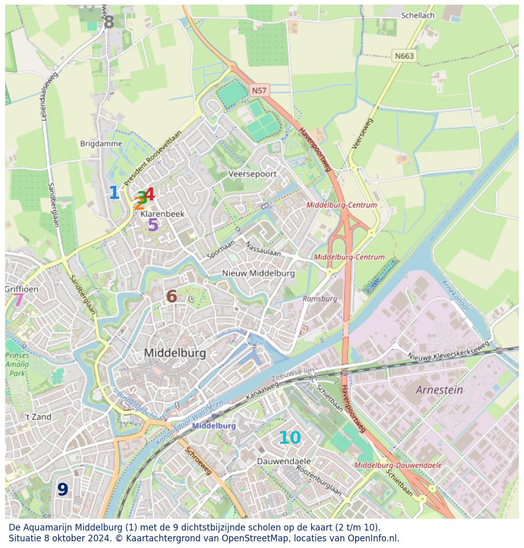 Kaart van de school met de tien dichtsbijzijnde scholen. Hierbij zijn de scholen genummerd van 1 tot en met 10. Nummer 1 is toegekend aan de schoolvestiging zelf: De Aquamarijn Middelburg.