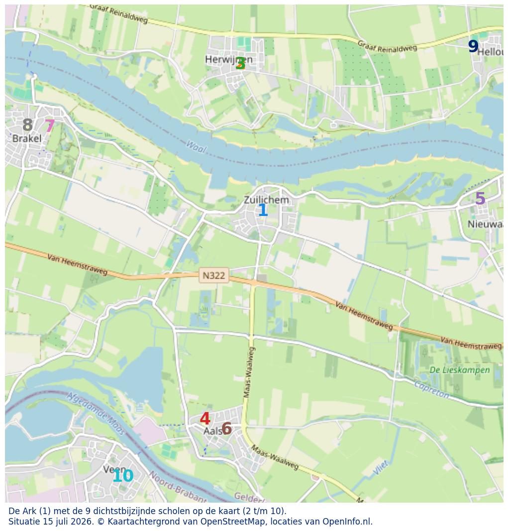 Kaart van de school met de tien dichtsbijzijnde scholen. Hierbij zijn de scholen genummerd van 1 tot en met 10. Nummer 1 is toegekend aan de schoolvestiging zelf: De Ark.