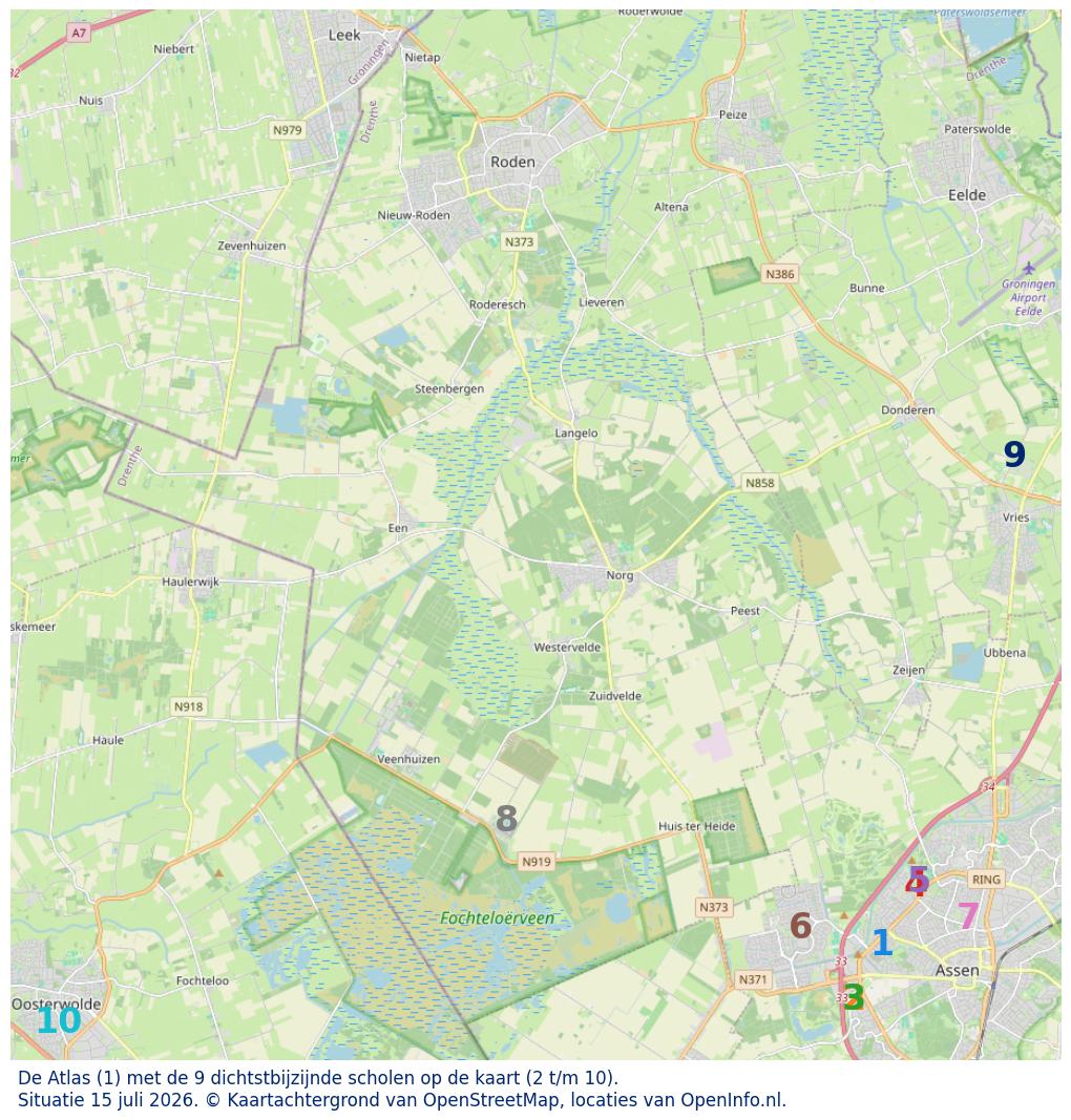 Kaart van de school met de tien dichtsbijzijnde scholen. Hierbij zijn de scholen genummerd van 1 tot en met 10. Nummer 1 is toegekend aan de schoolvestiging zelf: De Atlas.