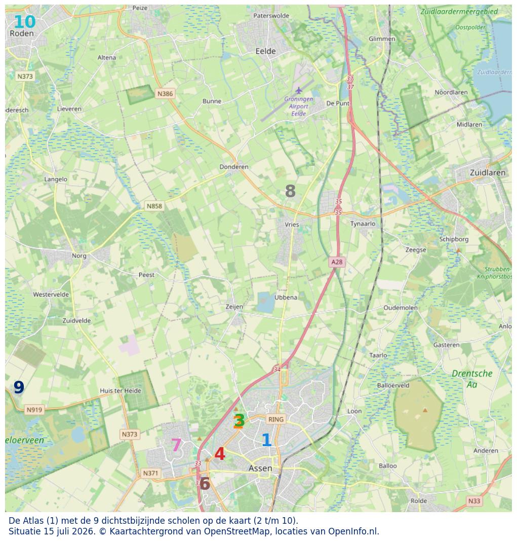 Kaart van de school met de tien dichtsbijzijnde scholen. Hierbij zijn de scholen genummerd van 1 tot en met 10. Nummer 1 is toegekend aan de schoolvestiging zelf: De Atlas.