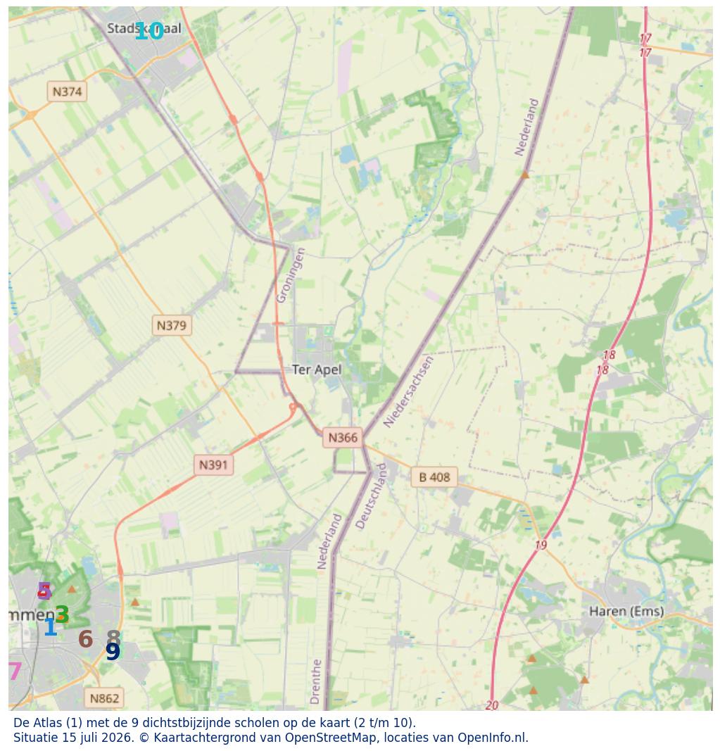 Kaart van de school met de tien dichtsbijzijnde scholen. Hierbij zijn de scholen genummerd van 1 tot en met 10. Nummer 1 is toegekend aan de schoolvestiging zelf: De Atlas.