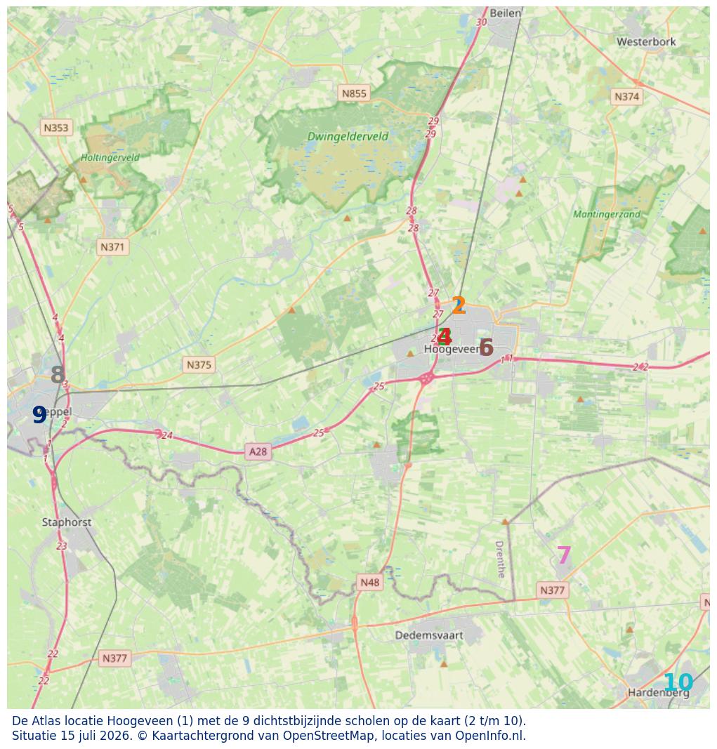 Kaart van de school met de tien dichtsbijzijnde scholen. Hierbij zijn de scholen genummerd van 1 tot en met 10. Nummer 1 is toegekend aan de schoolvestiging zelf: De Atlas locatie Hoogeveen.