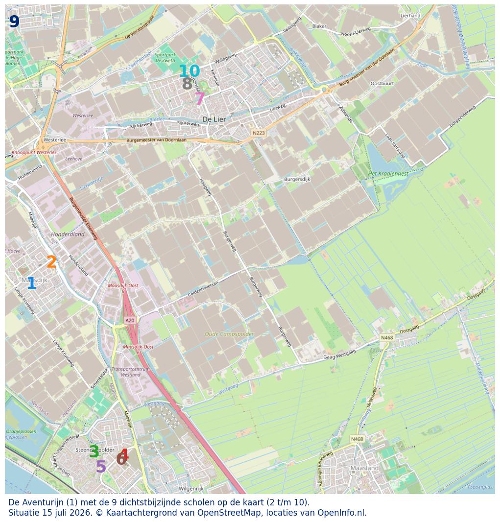 Kaart van de school met de tien dichtsbijzijnde scholen. Hierbij zijn de scholen genummerd van 1 tot en met 10. Nummer 1 is toegekend aan de schoolvestiging zelf: De Aventurijn.